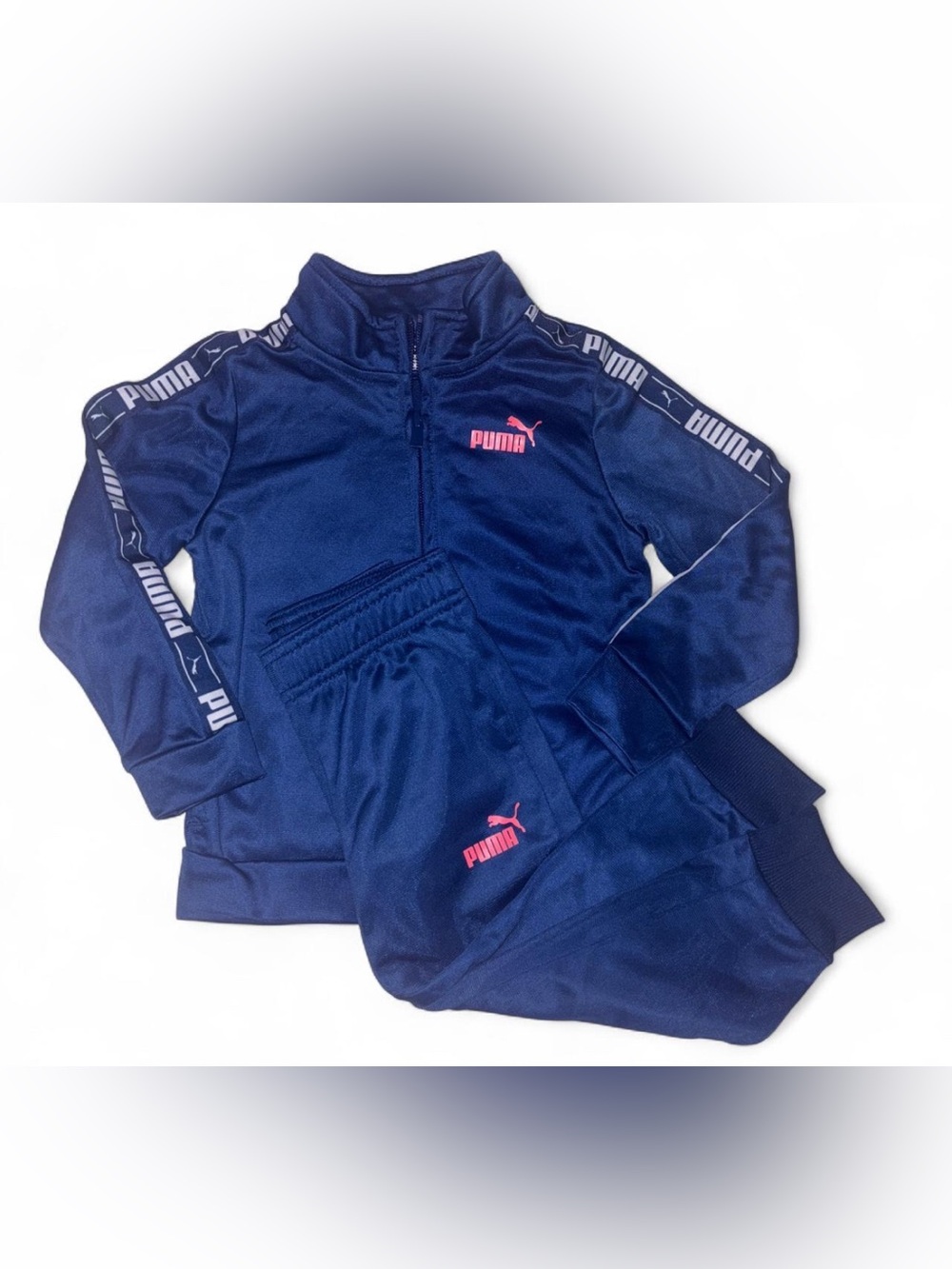 PUMA Toddler 2-Piece Tracksuit Set | Navy Blue w/ Orange/Pink Logo | Size 3T |